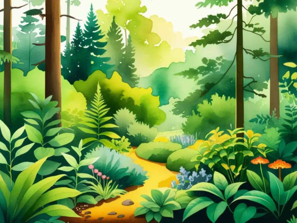 Un exuberante bosque ilustrado en acuarela, con plantas medicinales como alternativa antibiótica