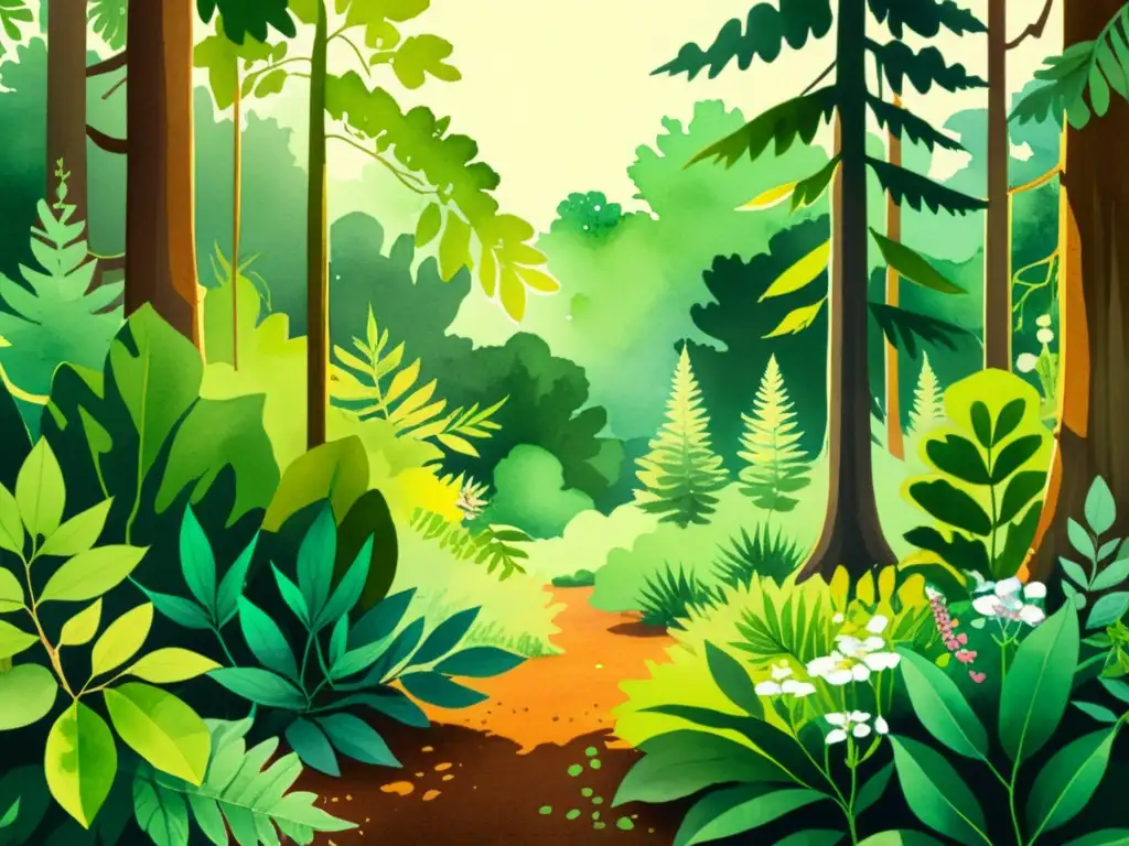 Un exuberante bosque ilustrado en acuarela, resaltando la diversidad de plantas y las propiedades terapéuticas de terpenos