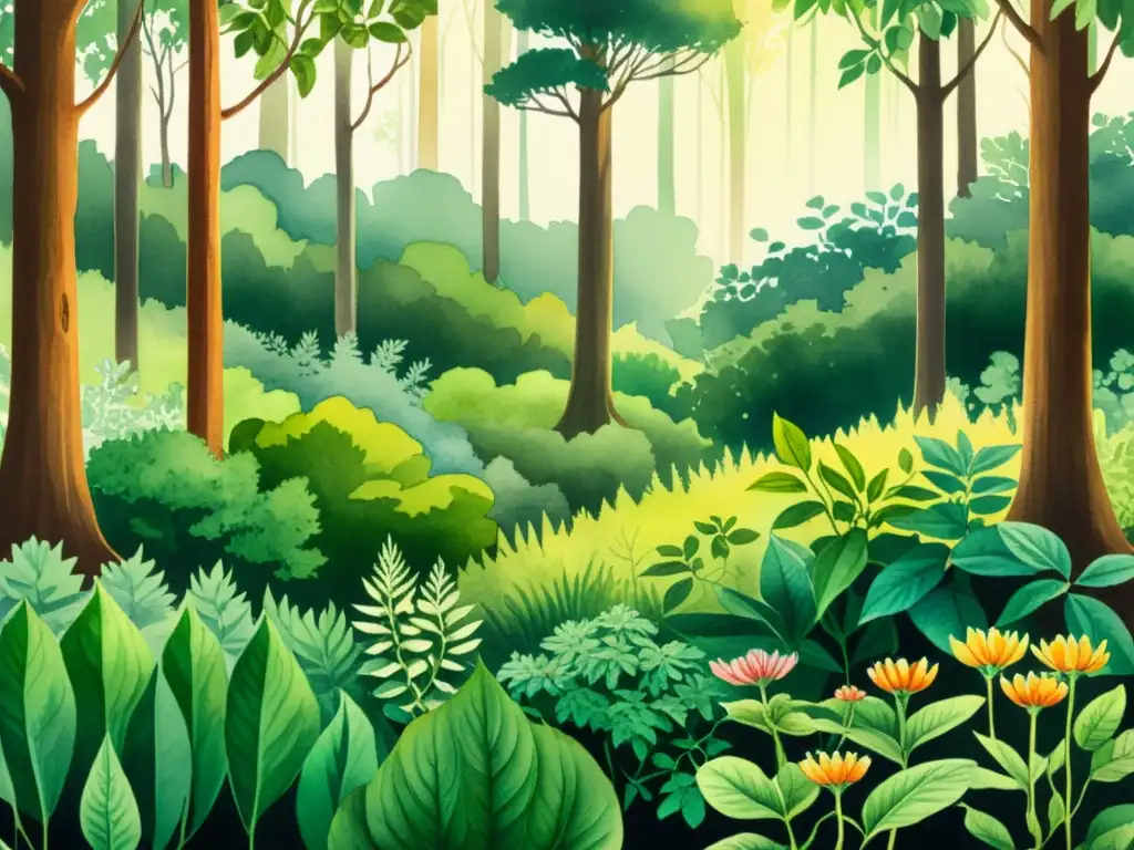 Un exuberante bosque ilustrado en acuarela muestra plantas adaptógenas medicinales en su hábitat natural