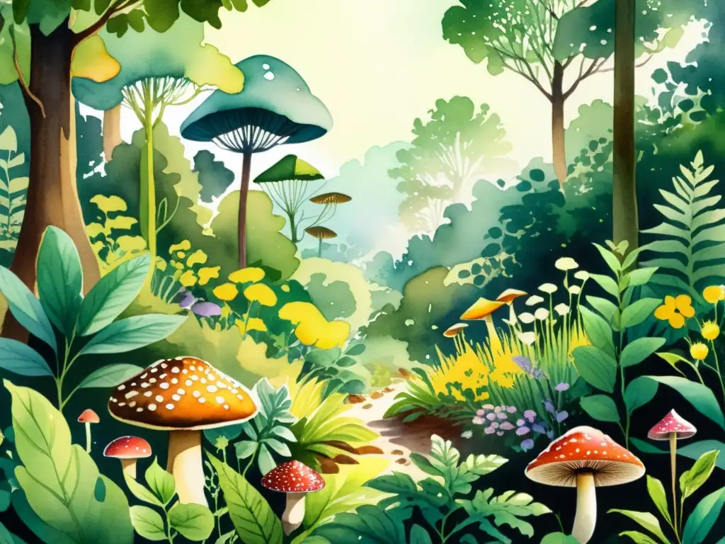 Un exuberante bosque ilustrado en acuarela, rebosante de plantas comestibles y medicinales