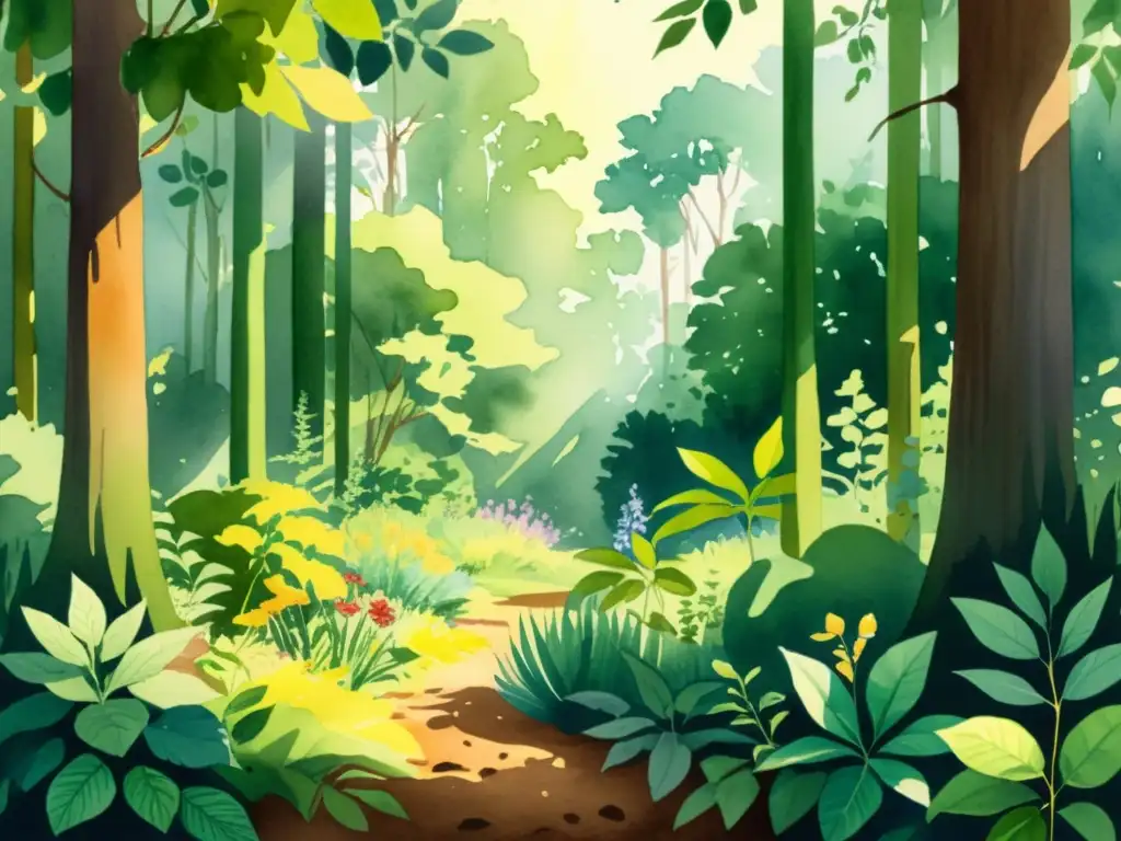 Un exuberante bosque ilustrado en acuarela con plantas medicinales detalladas