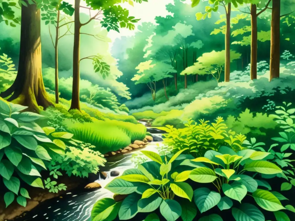 Un exuberante bosque ilustrado con plantas medicinales adaptógenas beneficios, evocando tranquilidad y abundancia natural