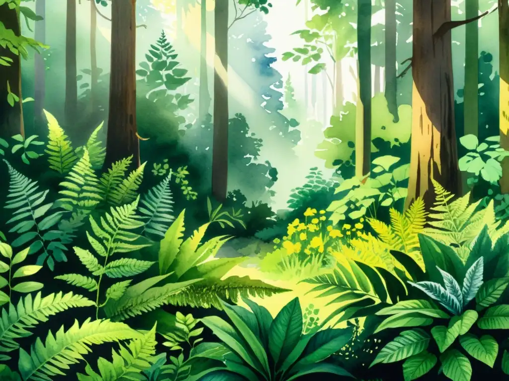 Un exuberante bosque ilustrado con plantas medicinales detalladas