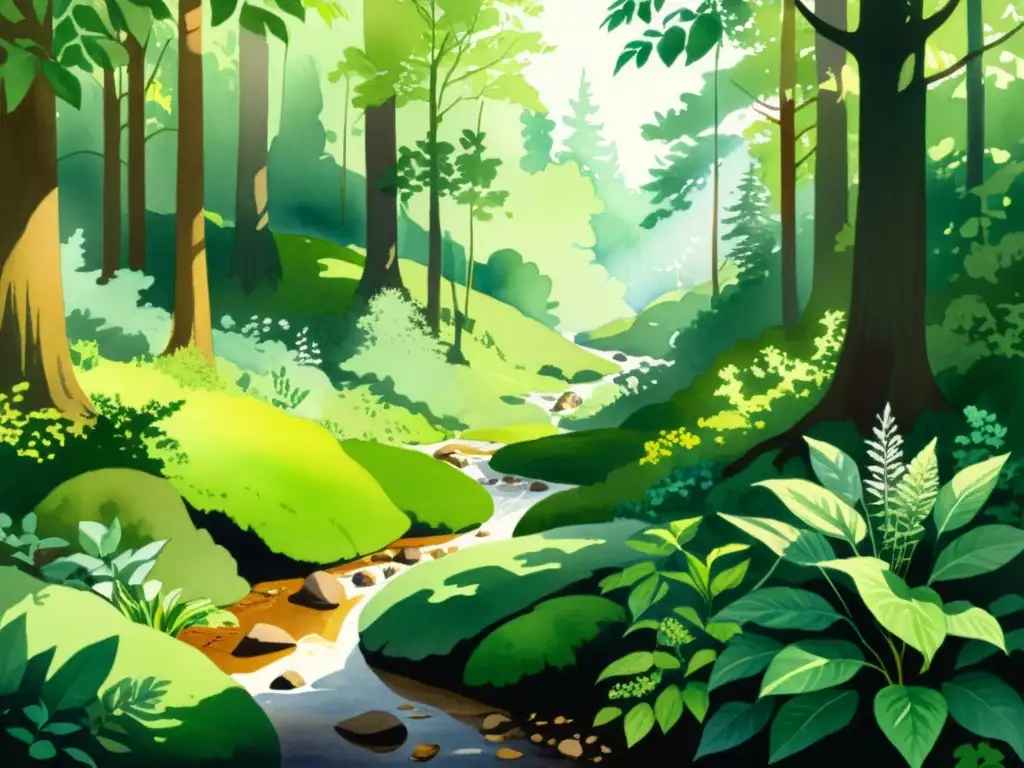 Exuberante ilustración acuarela de un bosque con plantas medicinales detalladas