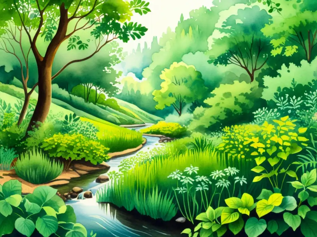 Un exuberante bosque con plantas medicinales regulación azúcar sangre, arroyo sereno y luz filtrada entre las hojas