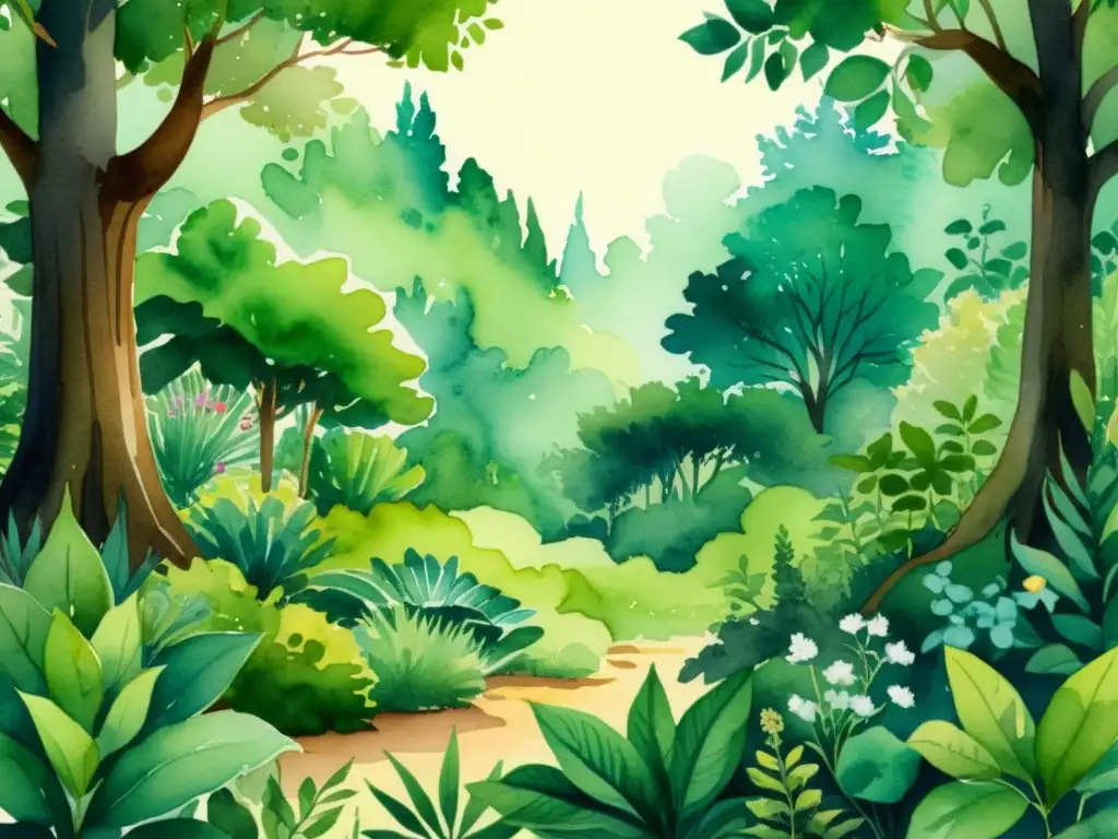 Exuberante ilustración acuarela de un bosque con plantas medicinales para recuperación muscular en deporte, emitiendo paz y curación