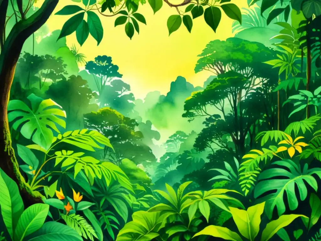 Un exuberante bosque tropical ilustrado detalladamente en acuarela, rebosante de plantas medicinales coloridas y bañado por la luz dorada del sol