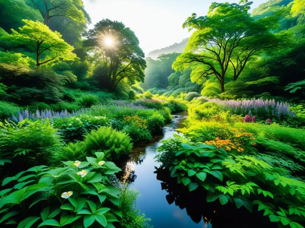 Un exuberante bosque verde lleno de vida vegetal diversa, con follaje vibrante, flores coloridas y árboles majestuosos