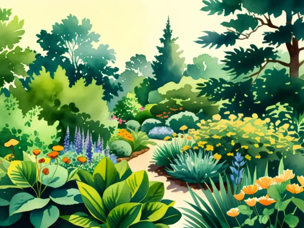 Un exuberante jardín botánico ilustrado con acuarelas vibrantes rebosante de plantas medicinales en plena floración