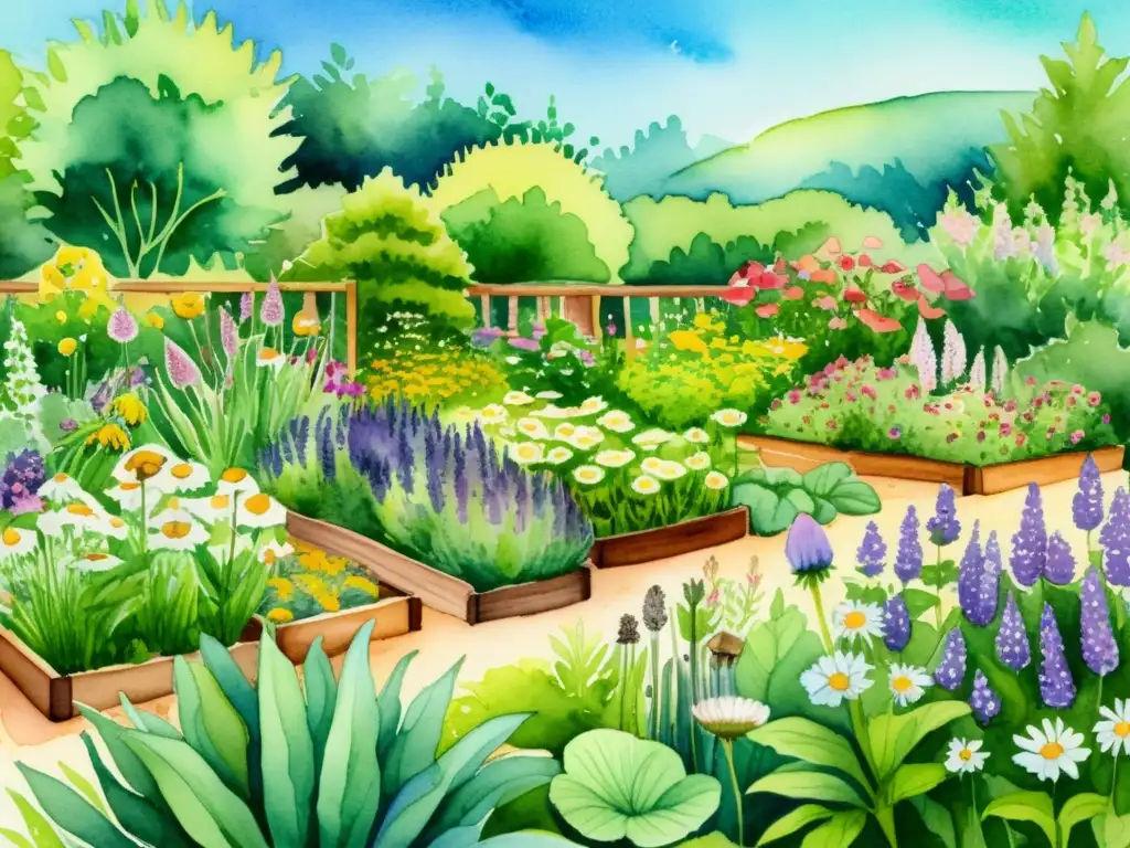 Un jardín exuberante con camas elevadas, plantas medicinales y biodiversidad en una ilustración de acuarela