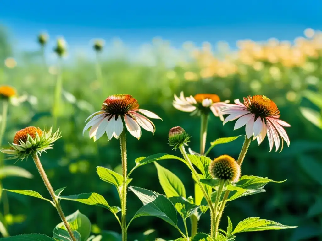 Un exuberante campo verde de plantas medicinales bajo el cielo azul