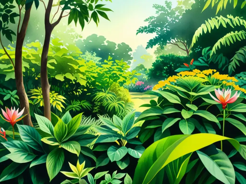 Jardín botánico exótico en acuarela Una exuberante representación cultural etnobotánica en acuarela, con plantas exóticas vibrantes que se entrelazan en una danza de colores y texturas