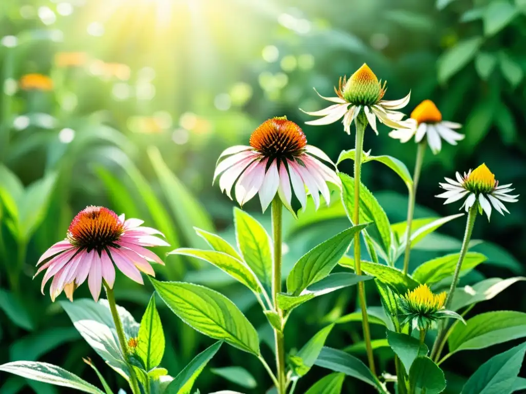 Un jardín botánico exuberante y curativo con plantas medicinales detalladas, bañado por una luz etérea