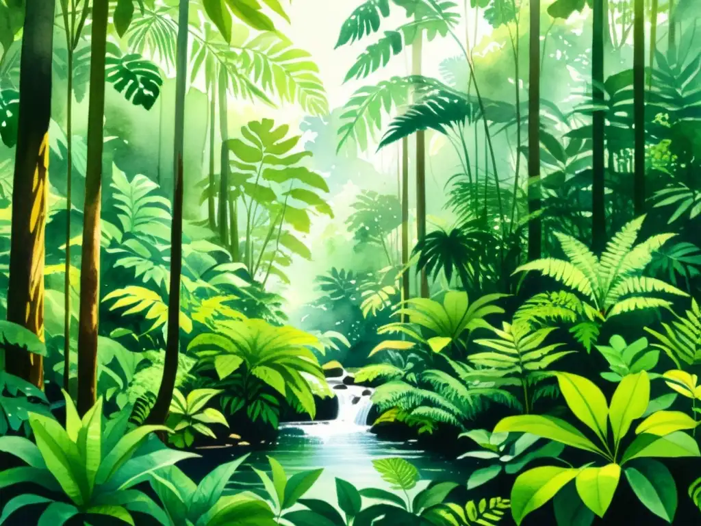 Una exuberante y detallada pintura acuarela de una selva tropical, con una gran diversidad de plantas y vida vegetal