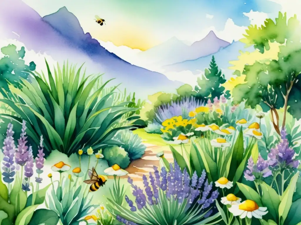 Jardín botánico detallado en acuarela Un jardín botánico exuberante y detallado en acuarela, repleto de plantas medicinales como lavanda, manzanilla, sábila y romero