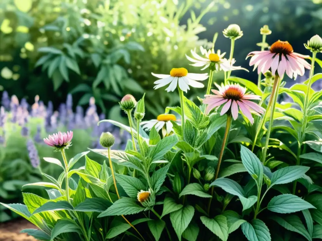 Un jardín herbal exuberante y detallado con plantas vibrantes como lavanda, manzanilla, equinácea y menta