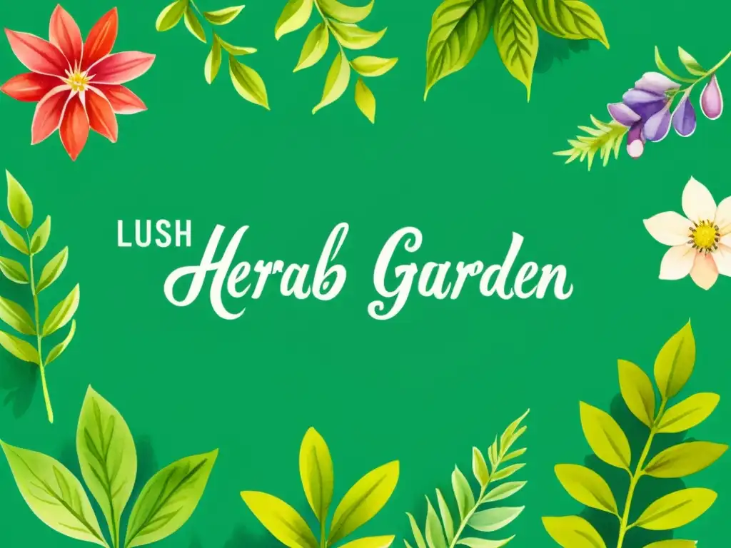 Un jardín herbal exuberante y detallado, con diez suplementos herbales para vida saludable, en acuarela