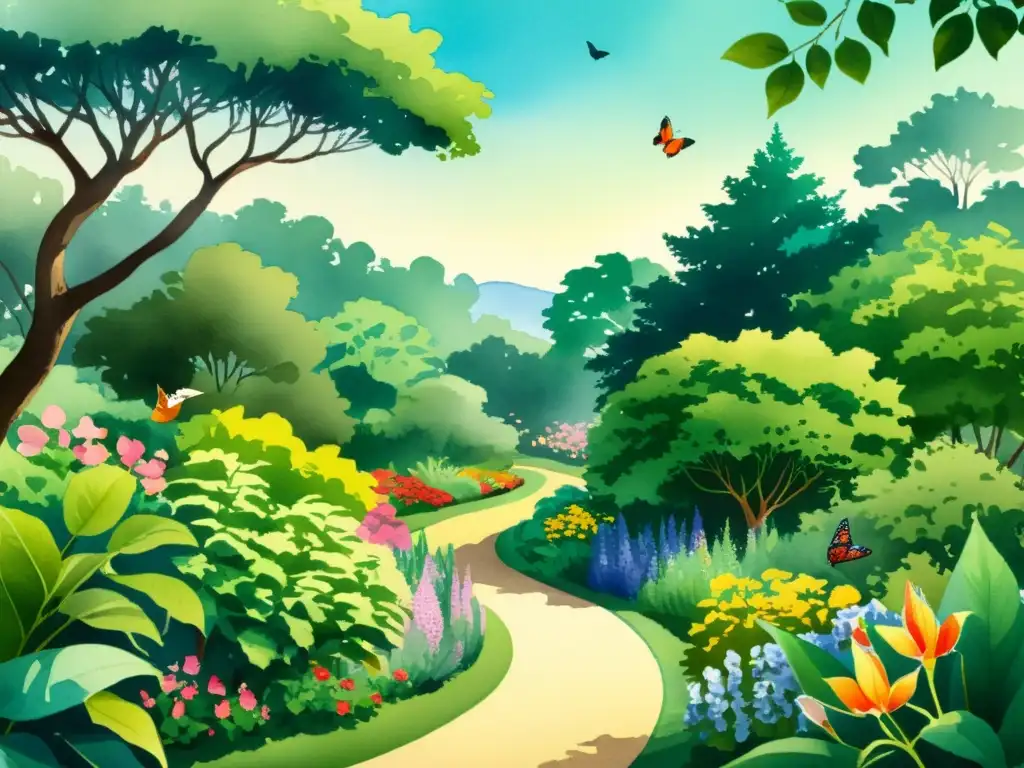 Un jardín botánico exuberante y diverso, con flores vibrantes, árboles imponentes y una variedad de plantas