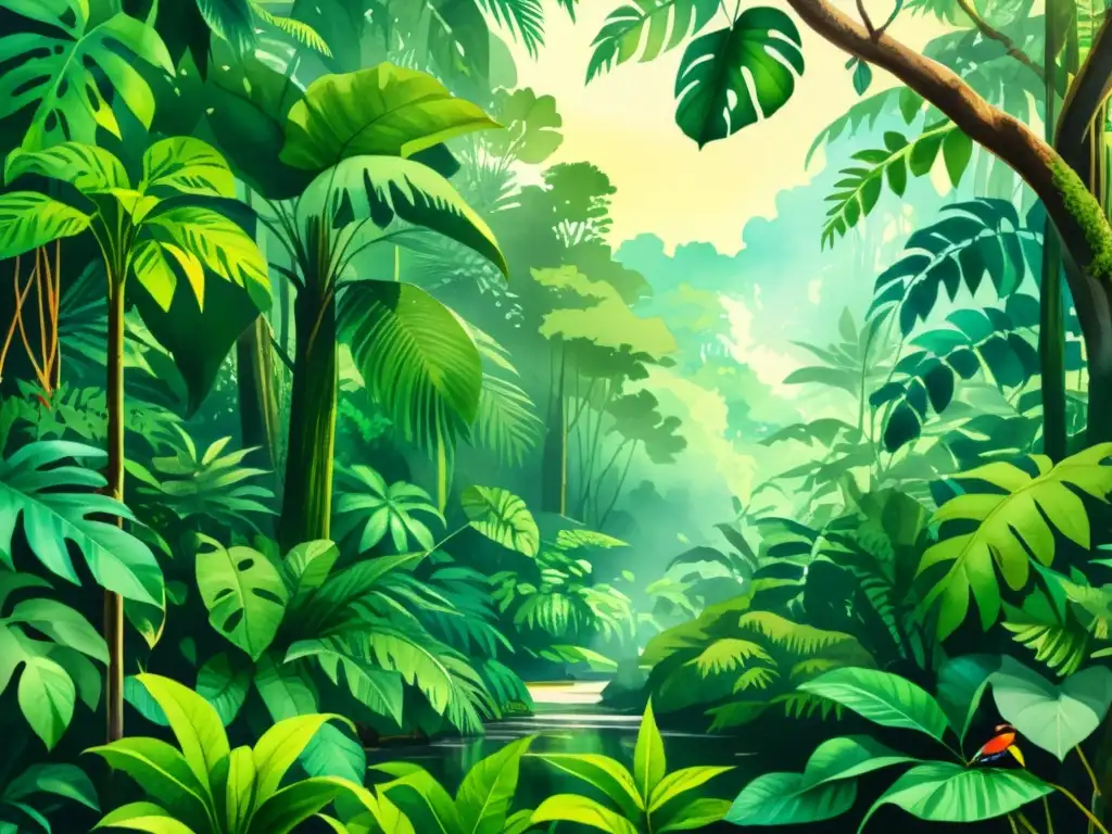 Una ilustración acuarela en 8k detalla la exuberante escena de una selva lluviosa, con una variada flora y fauna vibrante