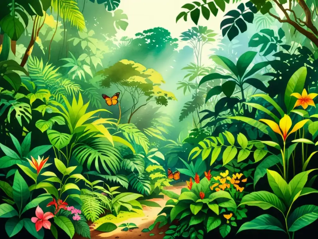 Un exuberante escenario de la selva tropical, con una diversidad de especies vegetales y flores vibrantes