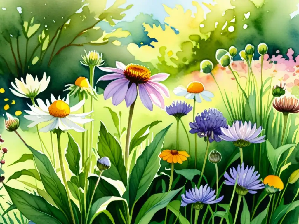 Jardín Medicinal: Detalles en Acuarela Un jardín exuberante con flores medicinales como lavanda, manzanilla, equinácea y caléndula