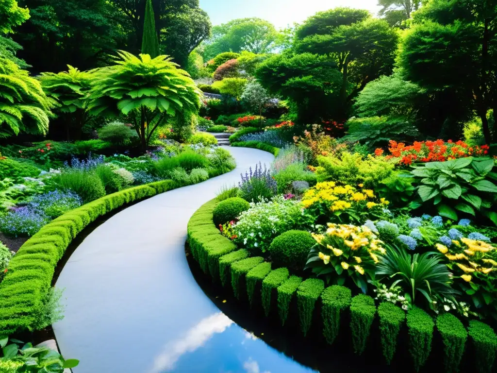 Un exuberante jardín botánico con flores vibrantes y exuberante follaje, reflejando la transformación de la herbolaria a través de las edades