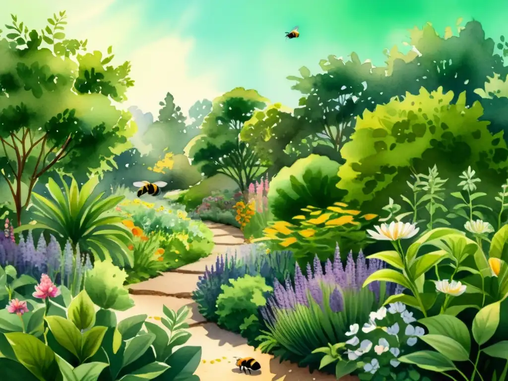 'Ilustración acuarela exuberante de jardín herbario, con plantas vibrantes, flores coloridas y hierbas delicadas entrelazadas