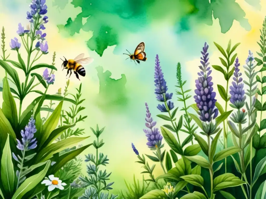Jardín de hierbas aromáticas: ilustración acuarela detallada Exuberante jardín de hierbas aromáticas en acuarela detallada