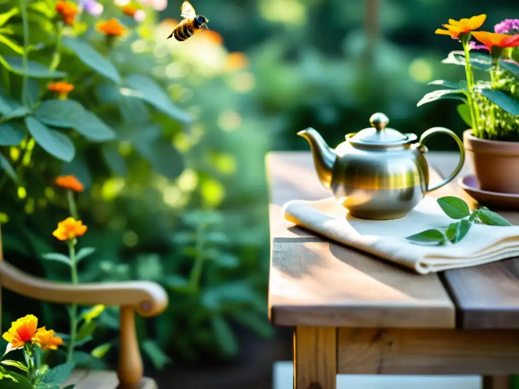 Un jardín exuberante con hierbas aromáticas, flores vibrantes y un acogedor espacio al aire libre