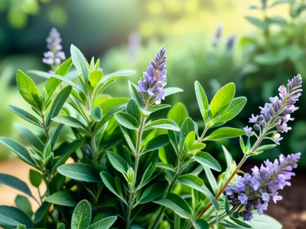 Un jardín exuberante con hierbas aromáticas y flores, bañado por la luz del sol