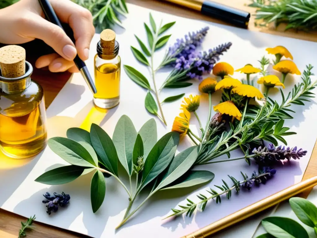 Jardín botánico en acuarela: Creación de suero herbal Un jardín botánico exuberante, con hierbas y flores vibrantes