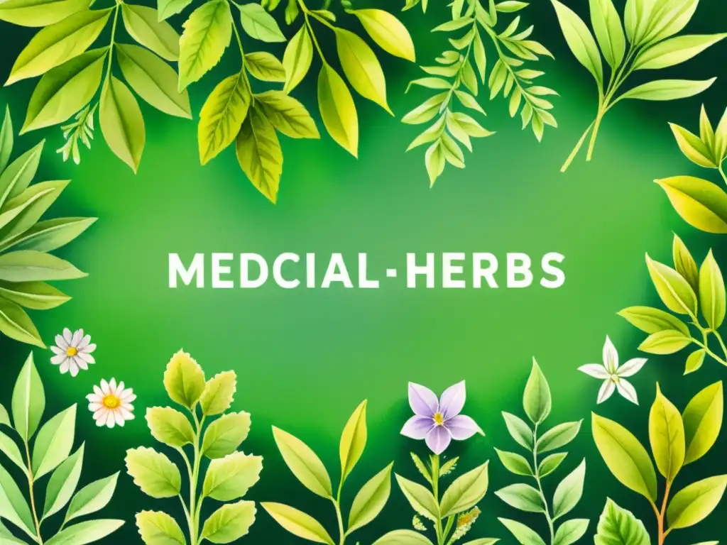 Un jardín exuberante con hierbas medicinales detalladas, hojas verdes vibrantes y delicadas flores, mostrando la interconexión de las plantas y su vitalidad natural