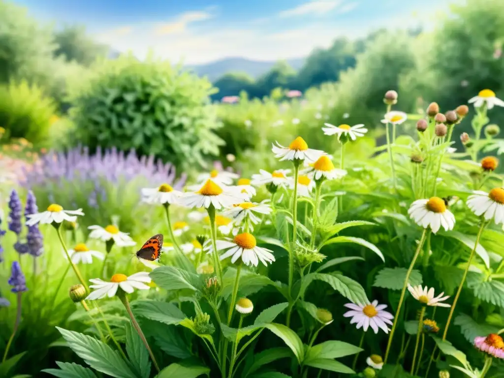 Un jardín exuberante de hierbas medicinales para niños y ancianos, lleno de vida y luz solar