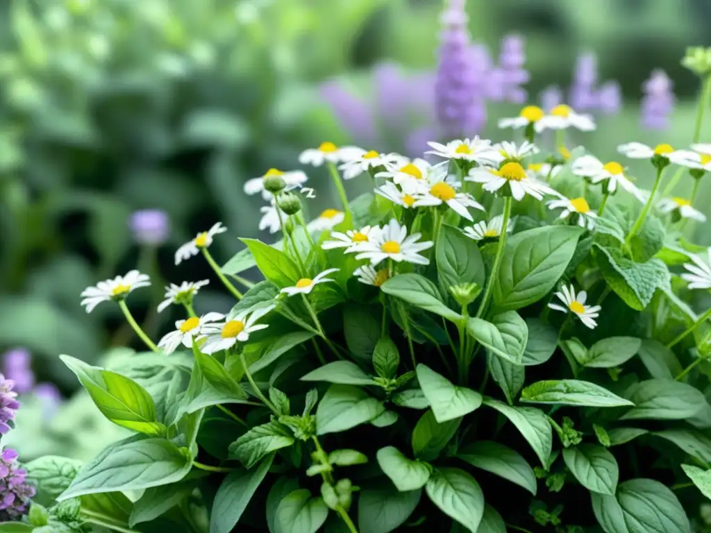 Un jardín exuberante de hierbas verdes vibrantes, con toques de morado y blanco, y la danza de diminutos trips