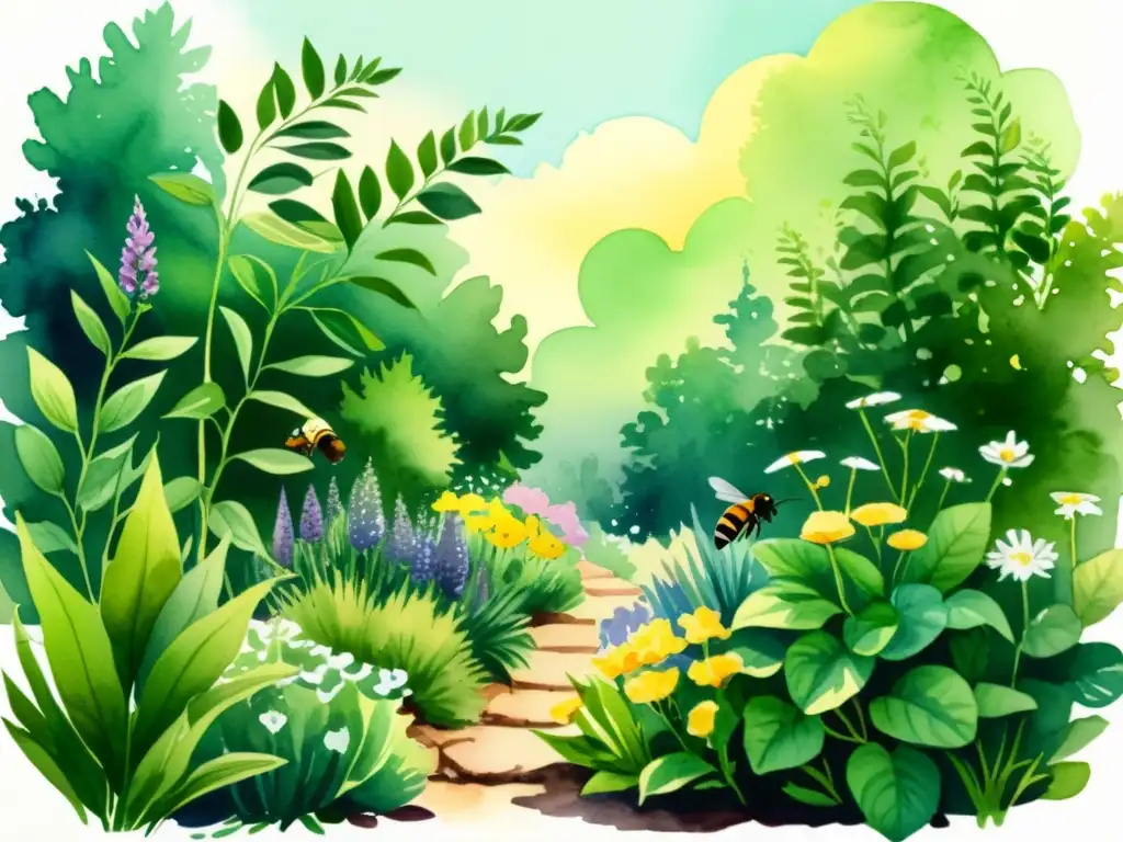 Jardín botánico vibrante: acuarela de plantas y vida silvestre Un exuberante jardín botánico con hierbas vibrantes, luz solar filtrada y armonía natural