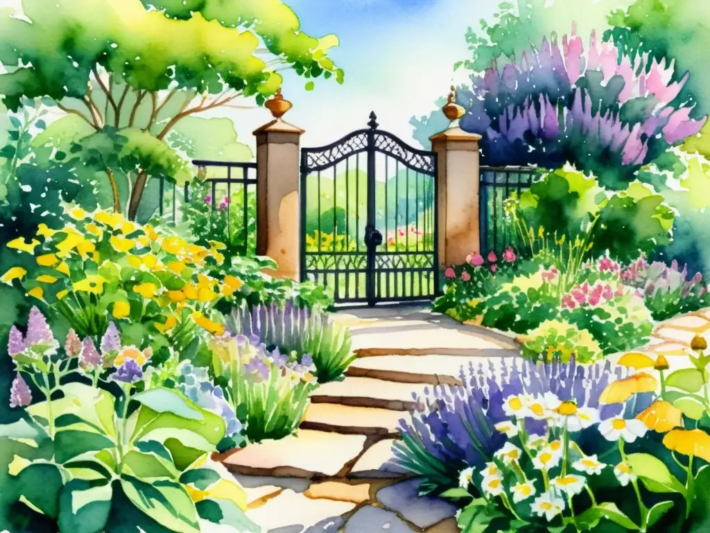 Jardín botánico vibrante con plantas y flores en acuarela detallada Un exuberante jardín botánico con hierbas vibrantes y plantas diversas