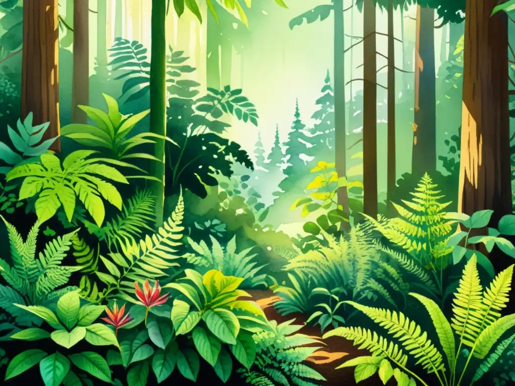 Bosque biodiverso: acuarela vibrante de plantas exuberantes Una exuberante ilustración en acuarela de un bosque diverso, con plantas medicinales, reflejando la Convención sobre la Diversidad Biológica