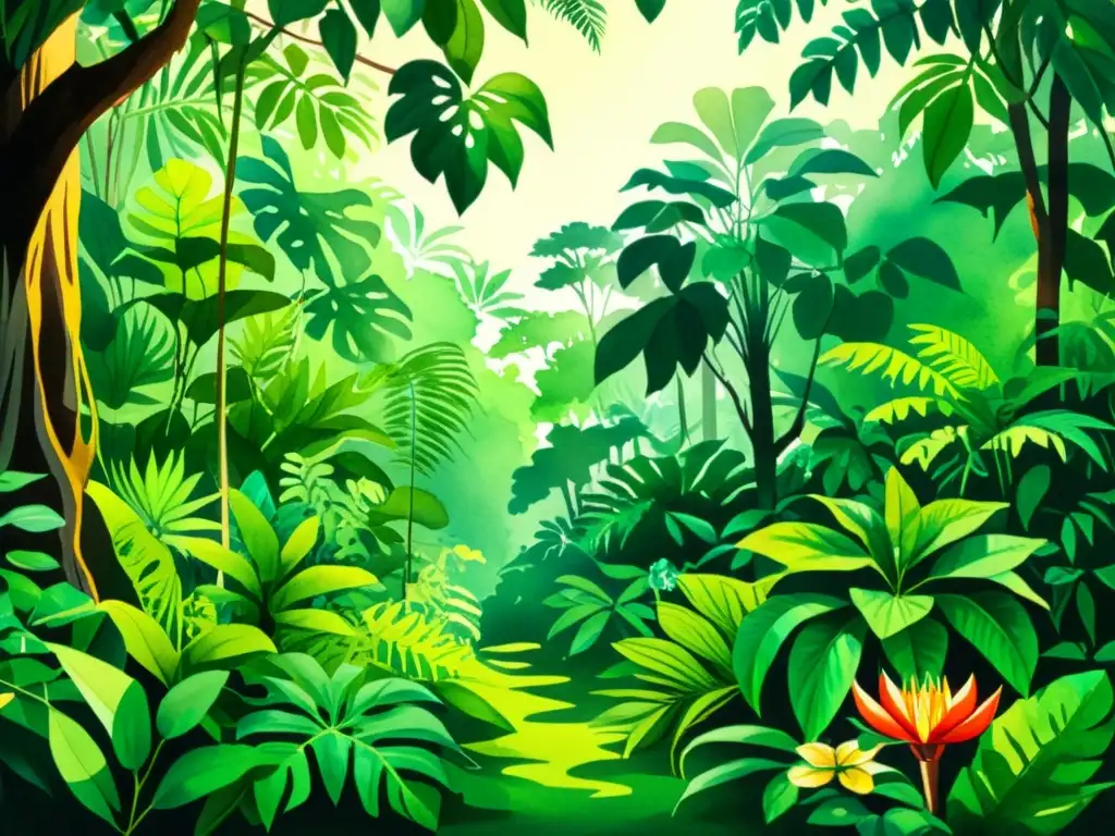 Una exuberante ilustración en acuarela de una densa y frondosa escena de selva, con una gran variedad de especies de plantas exóticas