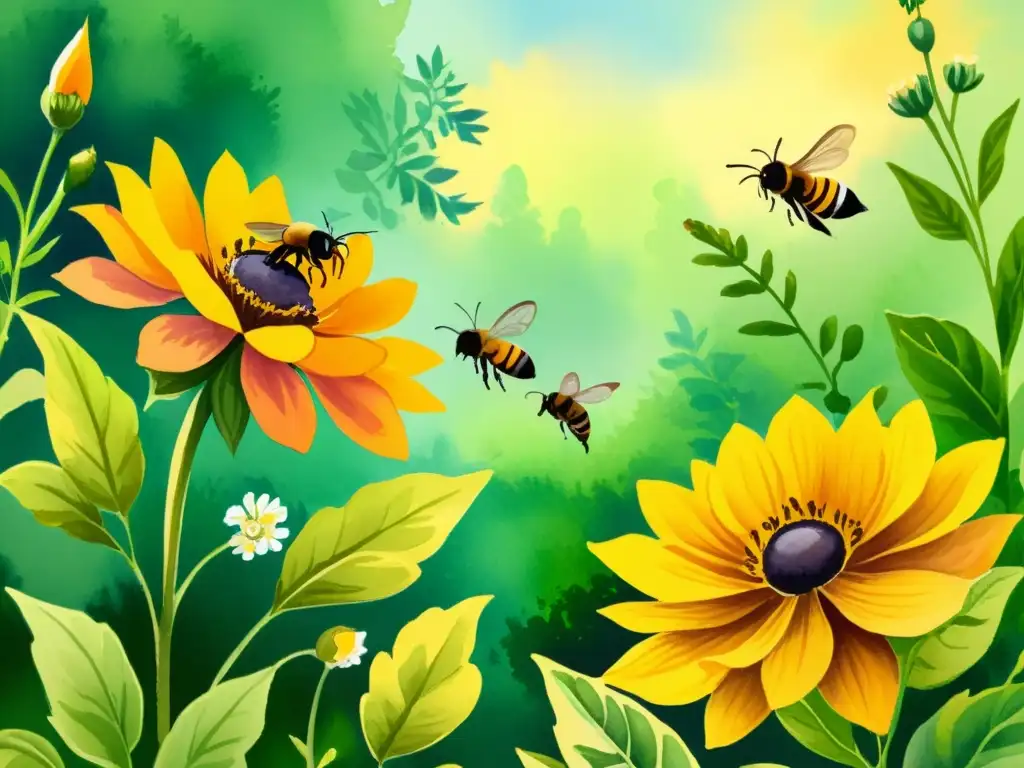 Una exuberante ilustración en acuarela de un jardín lleno de flores y vegetación vibrante, con abejas y mariposas revoloteando entre las flores