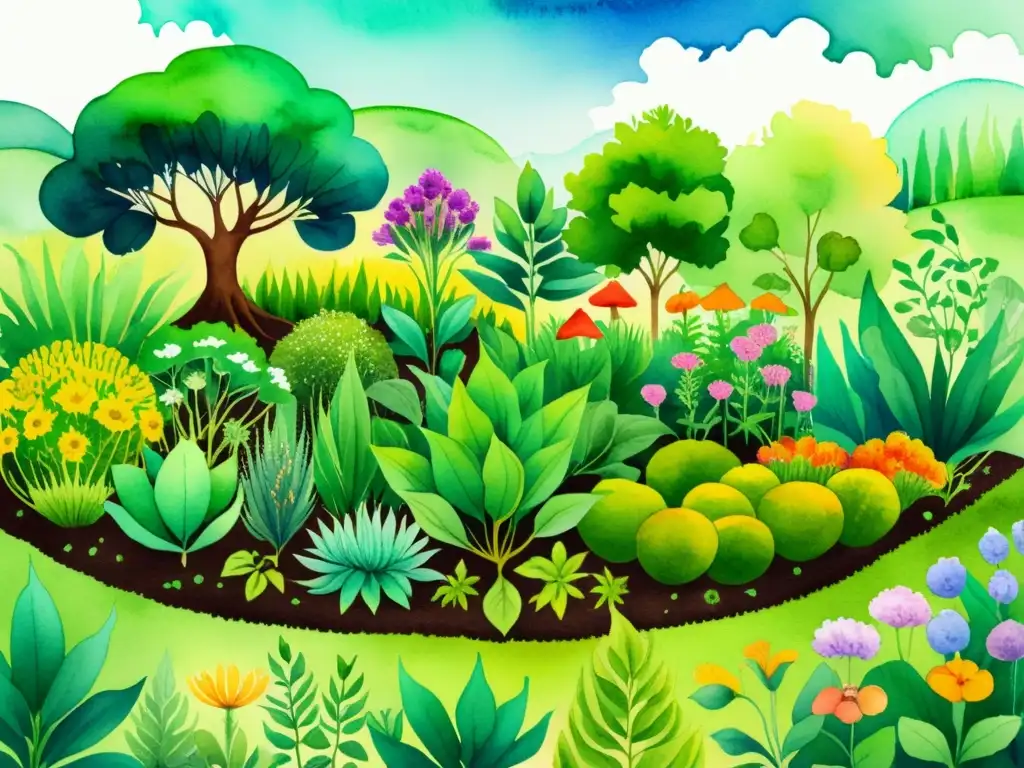 Una exuberante ilustración en acuarela de un jardín de permacultura, mostrando el manejo de nutrientes en permacultura con una variedad de plantas medicinales prósperas y detalladas, evocando armonía y abundancia