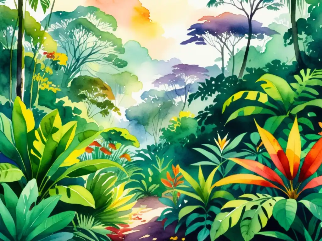 Una exuberante ilustración en acuarela de la selva tropical latinoamericana, con una diversidad de hierbas medicinales nativas