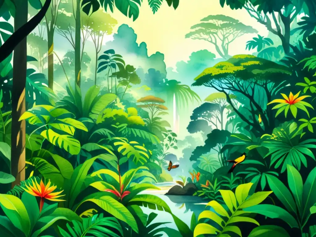 Una exuberante ilustración en acuarela de una selva tropical vibrante, repleta de flora y fauna diversa