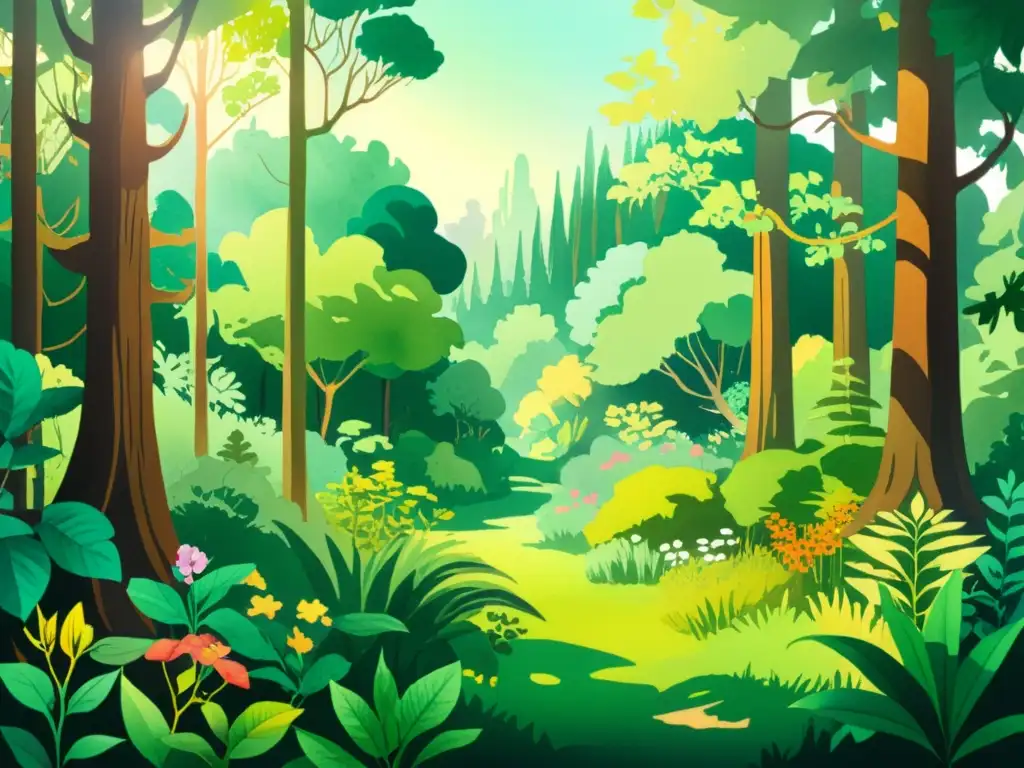 Una exuberante ilustración acuarela de un bosque denso, destacando la belleza natural y la biodiversidad