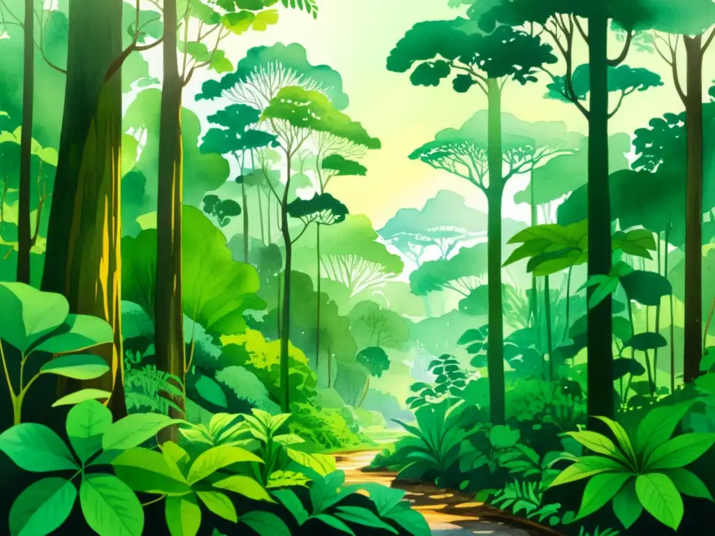 Una exuberante ilustración acuarela de un bosque tropical biodiverso y medicinal