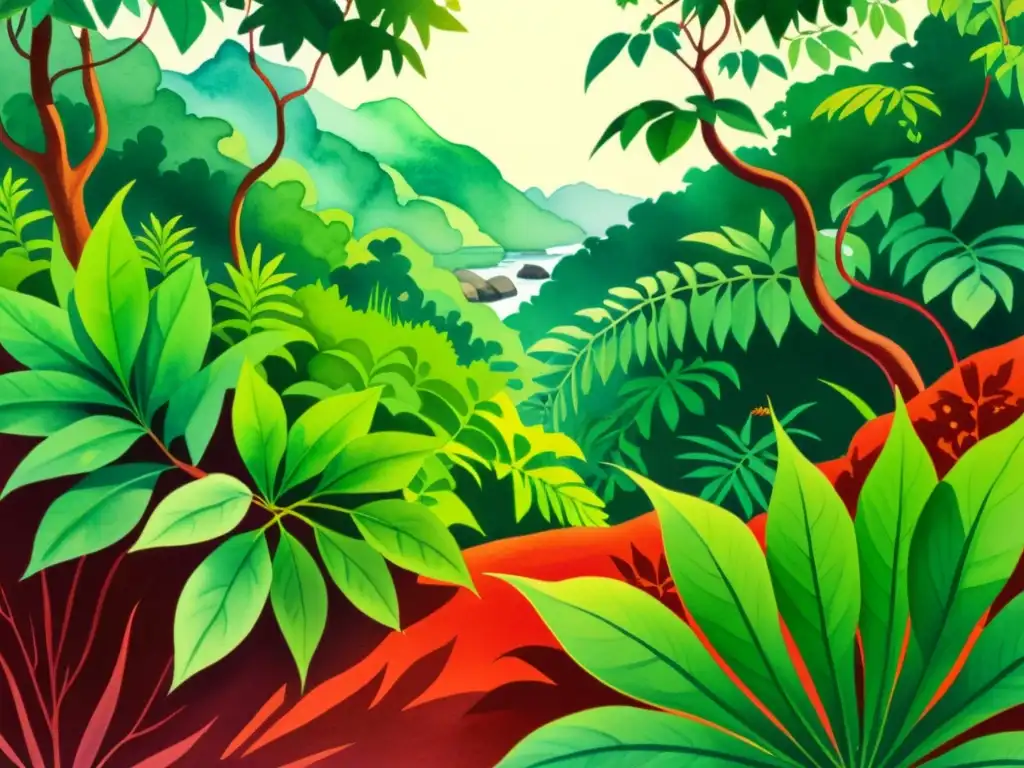 Una exuberante ilustración acuarela de un bosque caribeño, destacando la zarzaparrilla y sus usos terapéuticos