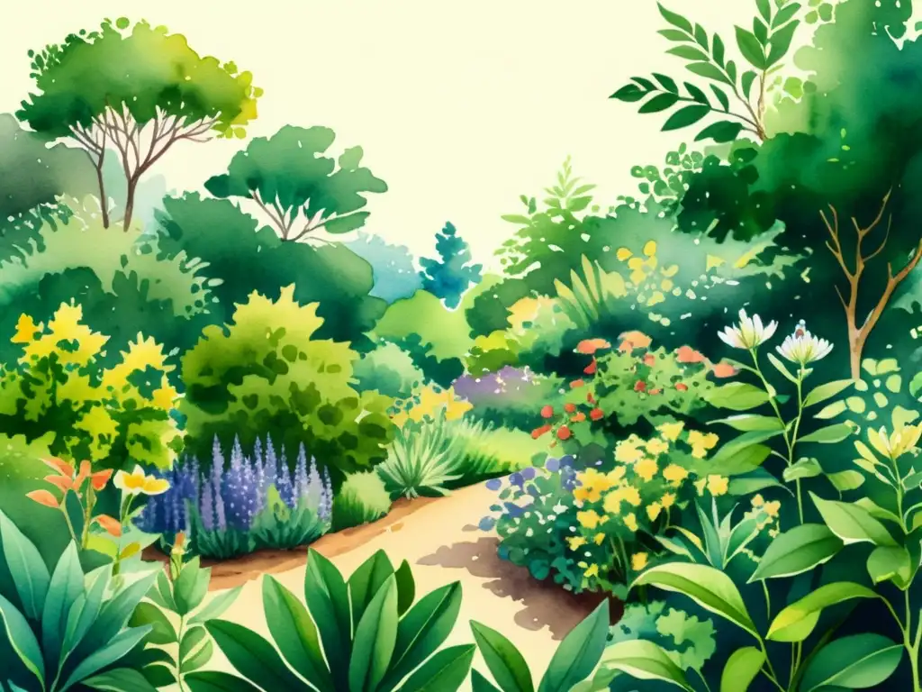 Una exuberante ilustración detallada en acuarela de un jardín botánico, con una diversidad de plantas medicinales en plena floración