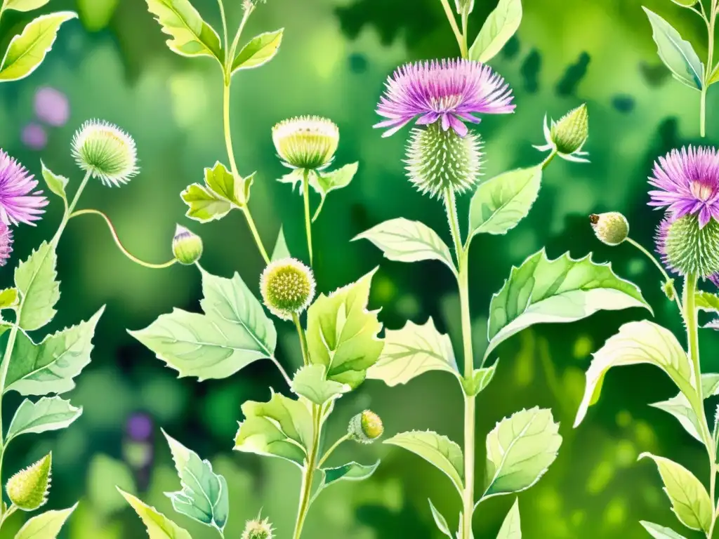 Una exuberante ilustración detallada en acuarela de un campo verde lleno de plantas de bardana altas y florecientes