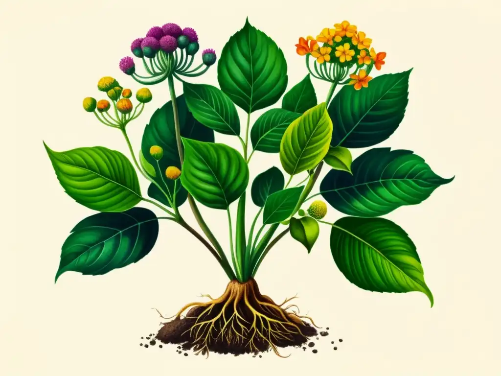 Una exuberante ilustración detallada en acuarela de una planta de maca, con sus distintas hojas y grupos de pequeñas flores coloridas