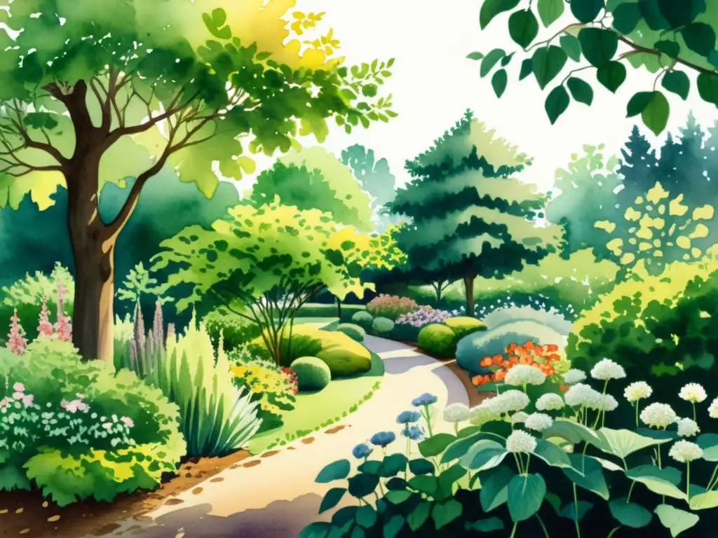 Una exuberante ilustración detallada en acuarela de un jardín botánico con plantas medicinales para enfermedades cardiovasculares, como espino, ajo y ginkgo biloba