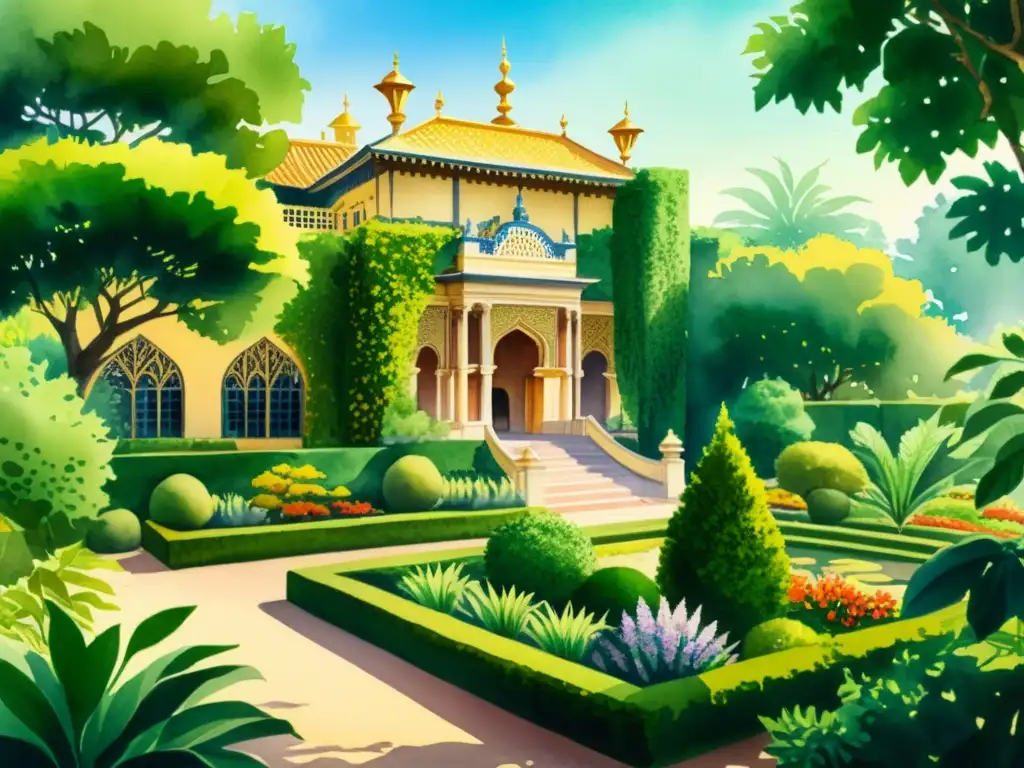 Jardín real exuberante: ilustración detallada en acuarela Una exuberante ilustración detallada en acuarela de una lujosa y real herbolaria, con colores ricos y vibrantes, y miembros elegantes de la corte real